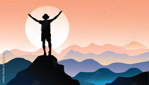 Backpacker on mountain top. Male person with backpack standing on top looking at view over horizon, mountain range and sunset or  sunrise. Vector illustration.