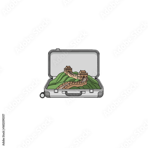 A suitcase containing a miniature Great Wall of China on a green landscape.