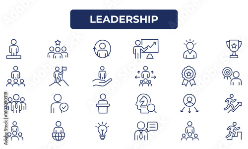 Leadership Line Icons – Unique Vector Set for Team Management, Personal Development, Public Speaking, and Business Strategy Design Projects