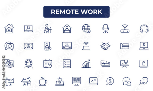 Remote Work Line Icons Pack –  Vector Icons for Home Office, Telecommuting, Video Conferencing, Productivity, and Freelance Tools