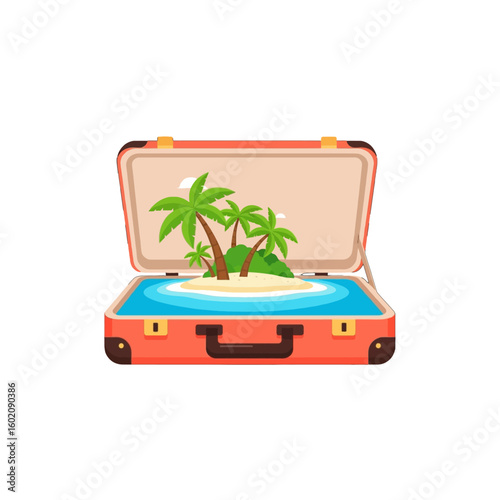 A vibrant suitcase, open to reveal a miniature tropical island paradise.