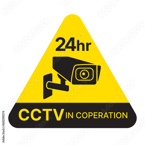 CCTV-1-3. 24 hour CCTV electronic security surveillance zone warning sticker designed with black icon on triangular yellow background. CCTV installation zone. CCTV icon.