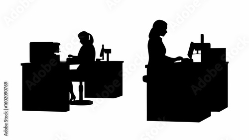 Silhouette illustration of two women working at desks with computers and office equipment in black