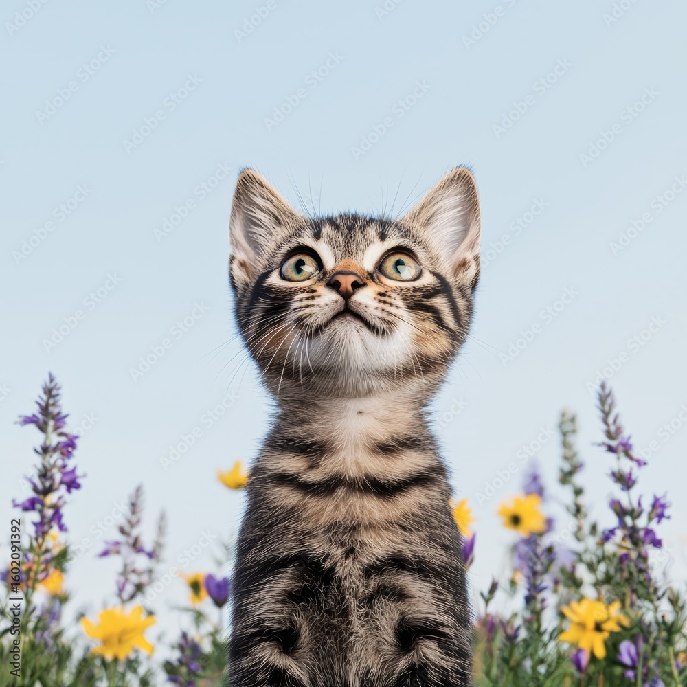 Fototapeta premium A curious kitten gazes upward amidst colorful wildflowers.