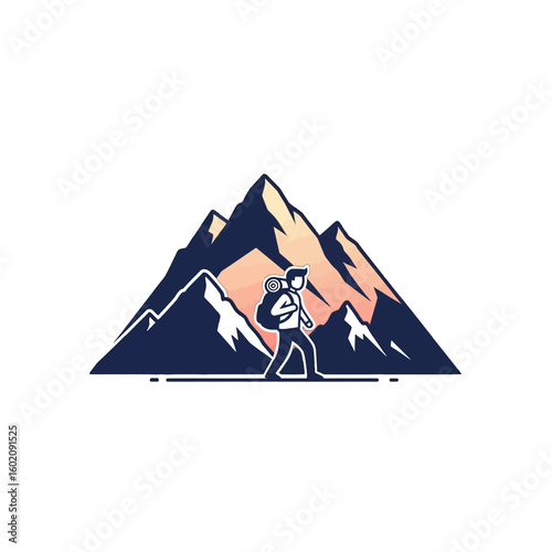 A stylized illustration of a hiker ascending a majestic mountain range.
