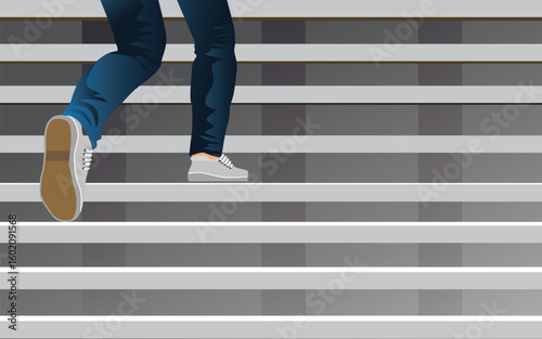 The lower part of the girl in casual shoes walks up the stairs outdoor businesswoman style successful concept.vector, illustration