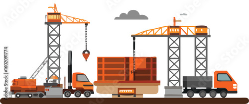 Illustration of construction site with cranes trucks and building materials on a brown ground surface