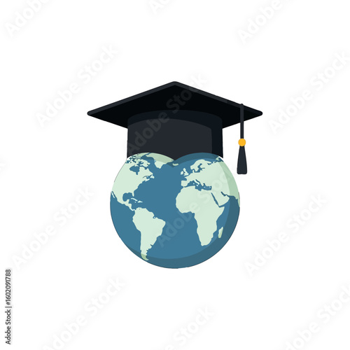 Graduation cap placed on top of a globe, symbolizing global education and academic achievement.
