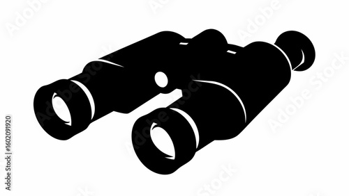 Illustration of a pair of binoculars in black and white with clear lens and central hinge design shown