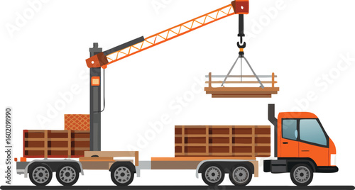 Crane truck lifting wooden planks with stacked crates on its bed in a construction transport scene