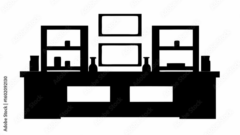 Silhouette illustration of a display counter with shelves and bottles in a retail or commercial setting Silhouette illustration of a display counter with shelves and bottles in a retail or commercial setting