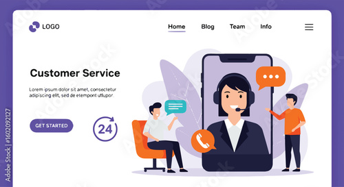 Adobe illustrator artwork of a customer service landing page featuring friendly support agents assisting customers via phone and chat within a large smartphone interface, emphasizing 24/7 assistance