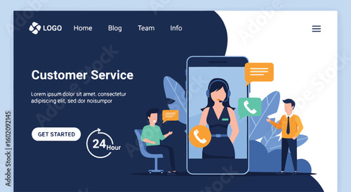 Adobe illustrator artwork of a customer service landing page featuring friendly support agents assisting customers via phone and chat within a large smartphone interface, emphasizing 24/7 assistance