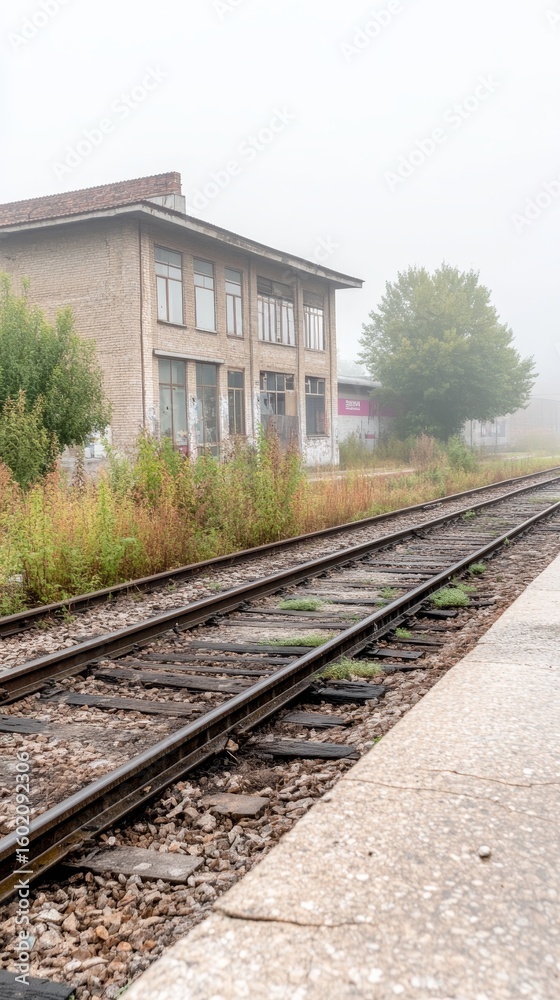 Fototapeta premium Ethereal Fog Engulfs Abandoned Railway Tracks and an Old Station Building, Evoking a Sense of Timeless Journey and Solitude.