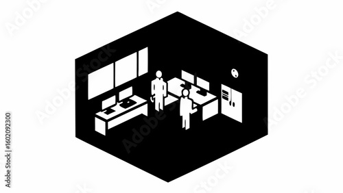 Isometric view of a control room with two people desks monitors and a storage cabinet in black and white