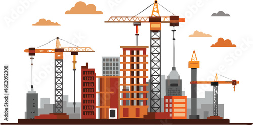 Illustration of a cityscape with several cranes constructing buildings under a cloudy sky daytime view