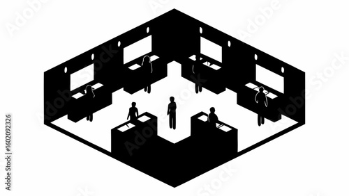 Isometric view of a room with multiple workstations and people in silhouette working at desks and standing