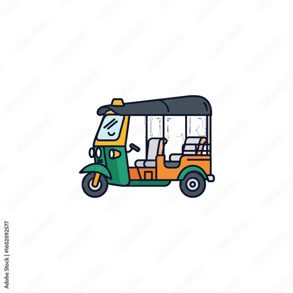 Fototapeta premium A cheerful cartoon illustration of a three-wheeled tuk-tuk, a common mode of transportation in Southeast Asia.