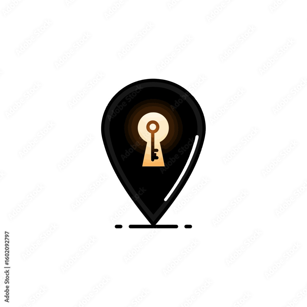 A dark location marker icon, featuring a golden key, suggesting access or security. A dark location marker icon, featuring a golden key, suggesting access or security.