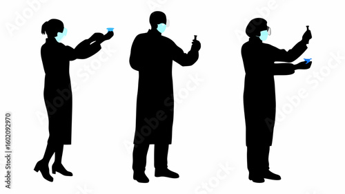 Three silhouetted scientists in lab coats and masks holding vials and petri dishes in a laboratory