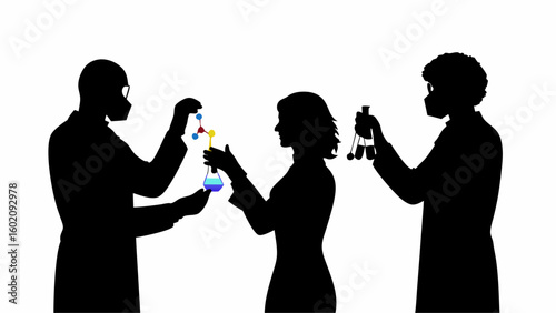 Silhouetted scientists in lab coats conducting experiments with beakers and molecular models shown clearly