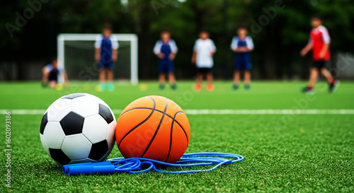 Soccer and Basketball Balls on Field with Kids Playing