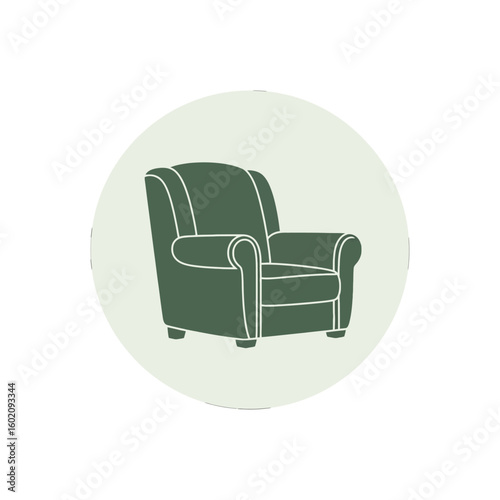A green armchair illustration, set within a soft, circular background.