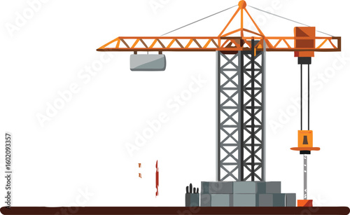 Illustration of a tall orange construction crane on a construction site with building blocks and a brown base