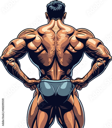 bodybuilder flexing back muscles, powerful athlete in a classic pose, fitness and gym concept.