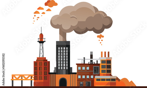 Illustration of a factory complex with smoke stack and various industrial buildings and orange emissions