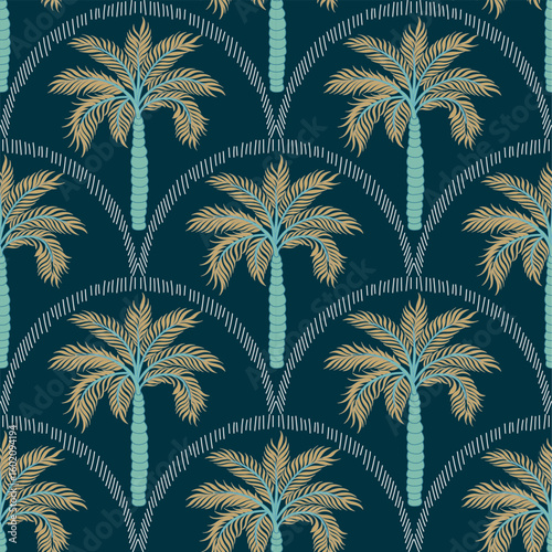 Seamless palm tree pattern featuring tropical botanical elements. This design is perfect for summer.	
