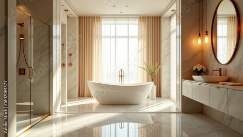 Luxurious bathroom with a freestanding tub and a spacious shower.