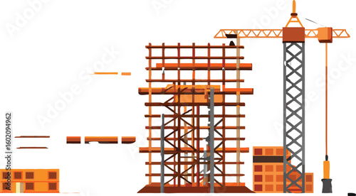 Illustration of a building under construction with scaffolding and a crane on a white background