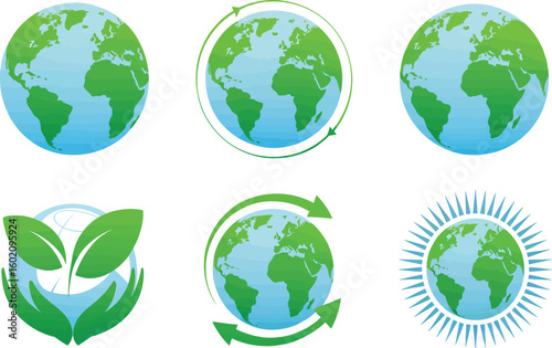 earth icon set featuring green continent globes, recycling arrows, leaves, sunlight, and protective hands for sustainability, environmental design, and climate awareness visuals