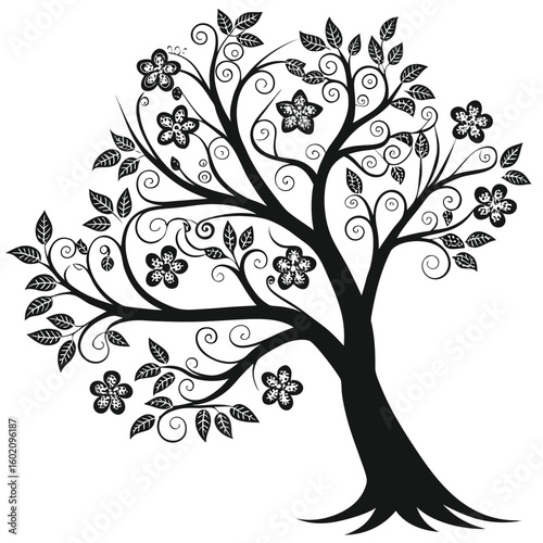Stylized black tree with flowers