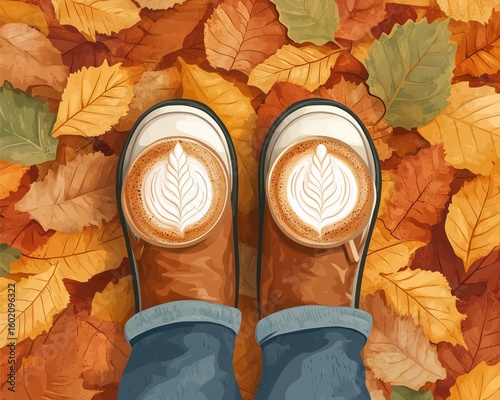Autumn Early Vibes / Fall Coming flat vector of fall foliage, pumpkin spice latte, and boots arranged playfully