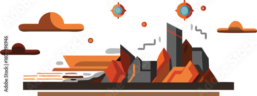 Flat illustration of a stylized landscape with mountains clouds and floating eye like objects