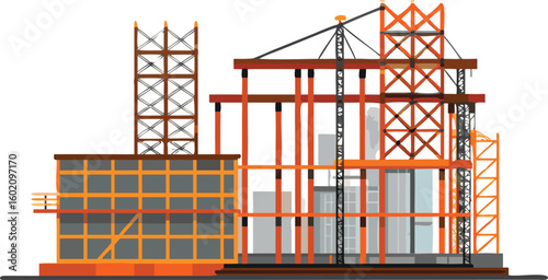Illustration of a building under construction with scaffolding and a crane on a white background