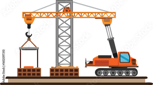 Illustration of a construction crane lifting bricks with a lattice tower and a mobile crane on the ground
