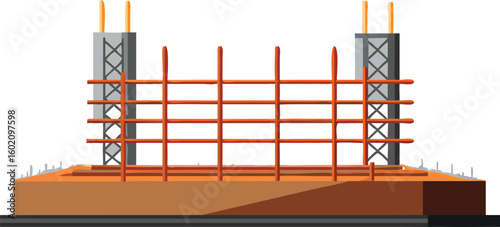Illustration of a building under construction with concrete base and steel reinforcement structure