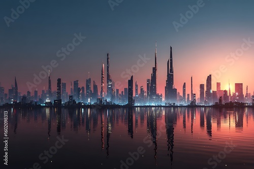 Stunning futuristic cityscape reflected on tranquil water at dusk offers a modern and dynamic urban landscape for visionary projects and innovative design