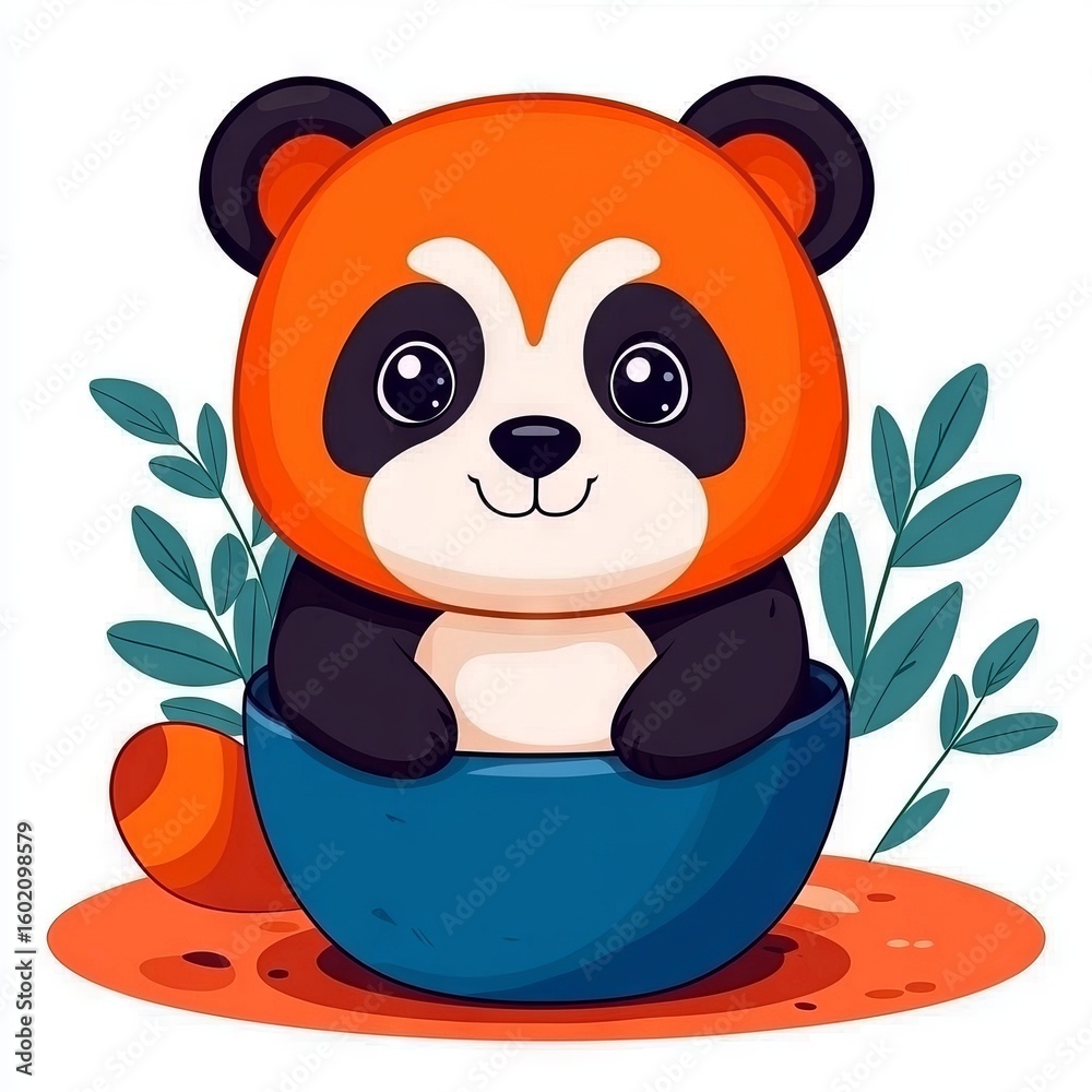 Obraz premium A cute cartoon panda sitting in a blue bowl surrounded by green leaves.