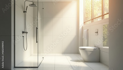 Bright, modern bathroom with glass shower enclosure.