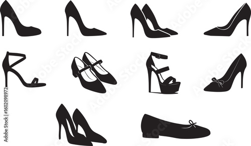 Elegant Collection of Womens Shoes High Heels Flats Sandals Vector Illustration Black Silhouettes on White Background for Fashion and Style