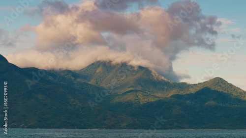 Mountains with clouds as seen from the sea. Area near the town of Paraty in Brazil
