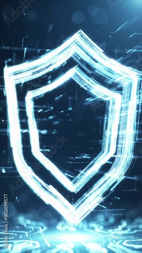 close-up video of mesmerizing, glowing digital lines and ethereal particles forming a translucent, intricate hexagonal shield in a luminous, blurred digital environment with bokeh, embodying advanced