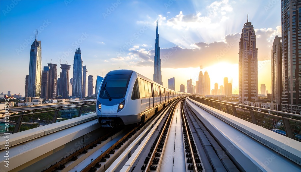 Obraz premium Modern city subway train at sunset