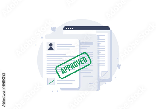 Approved Documents Stack with Green Stamp and Checkmark Illustration.