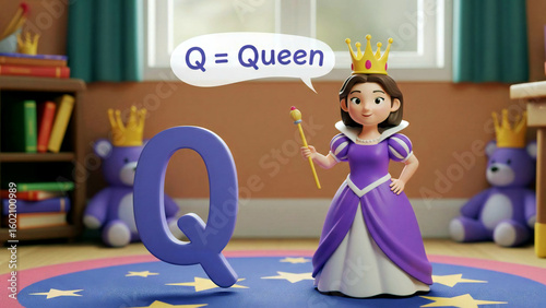 3D letter Q and cartoon queen in purple gown and crown for preschool alphabet learning