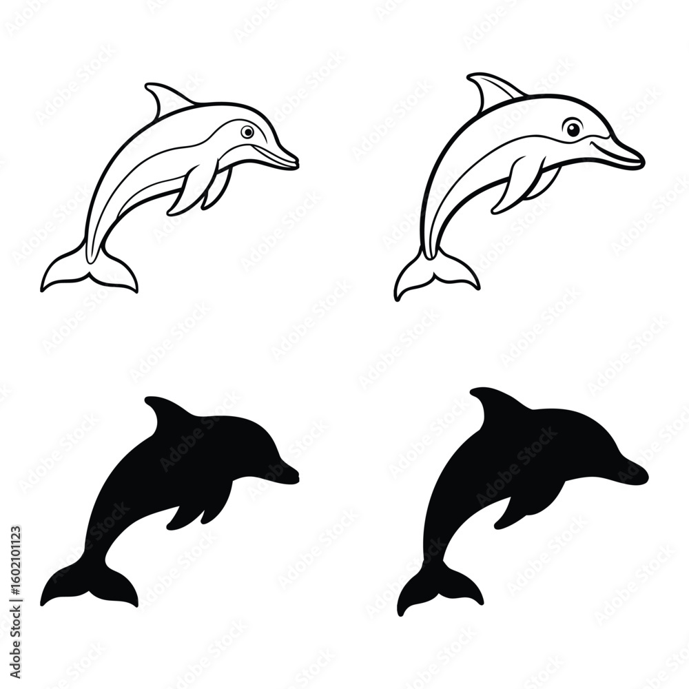 Obraz premium Vector art of four stylized dolphins in black and white two with outline and two with silhouette jumping out of the water isolated on white background